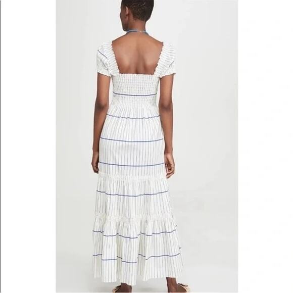 Tory Burch Striped Smocked Midi Dress Blue White XS Cotton Tiered Coastal Preppy - Picture 2 of 9